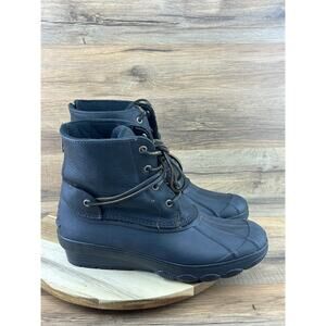 Sperry Women Saltwater Wedge Tide Leather Waterproof Black Rain Boot 9M
